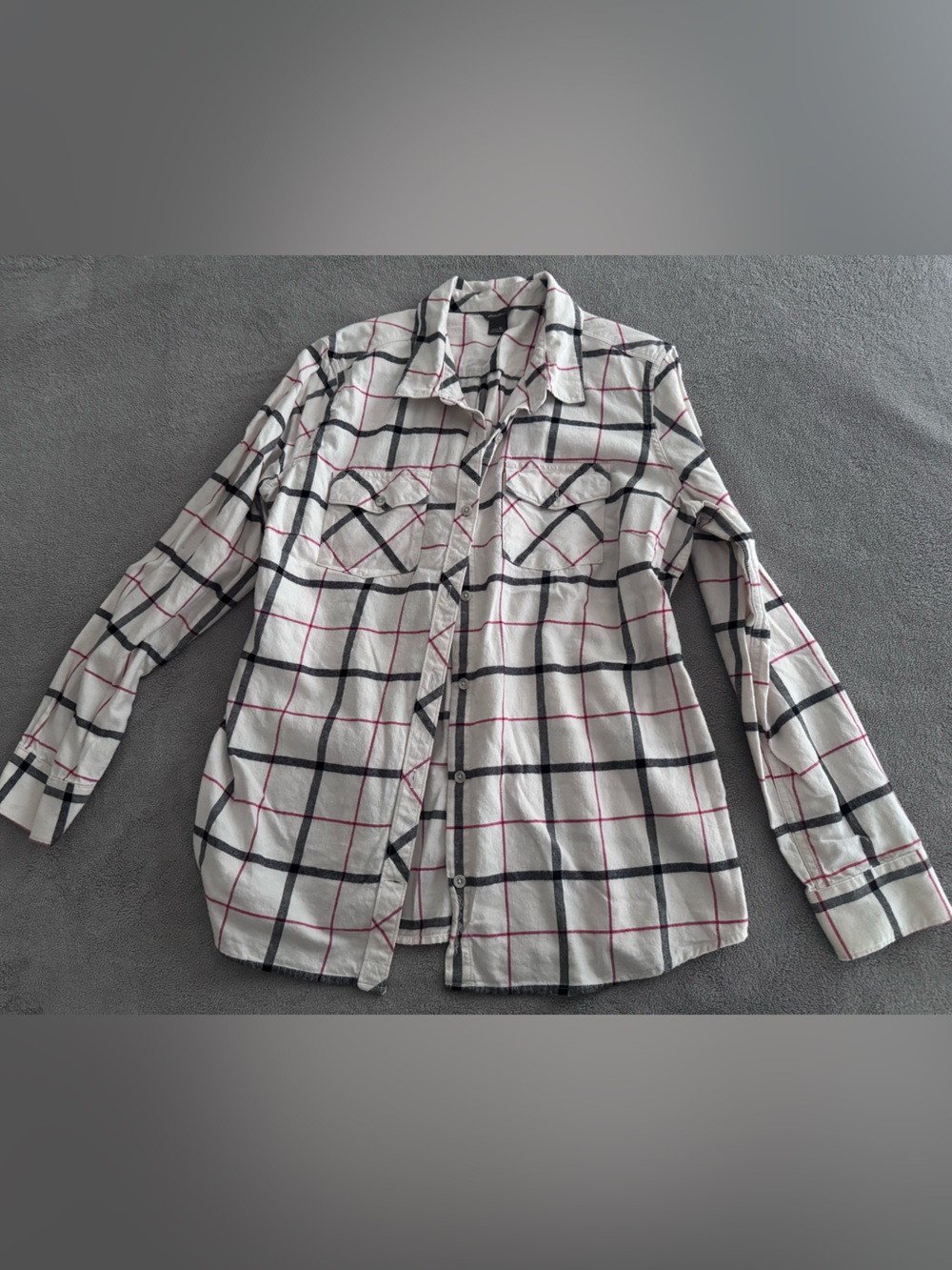 Eddie Bauer White Plaid Button-Down Shirt with Black & Pink Lines